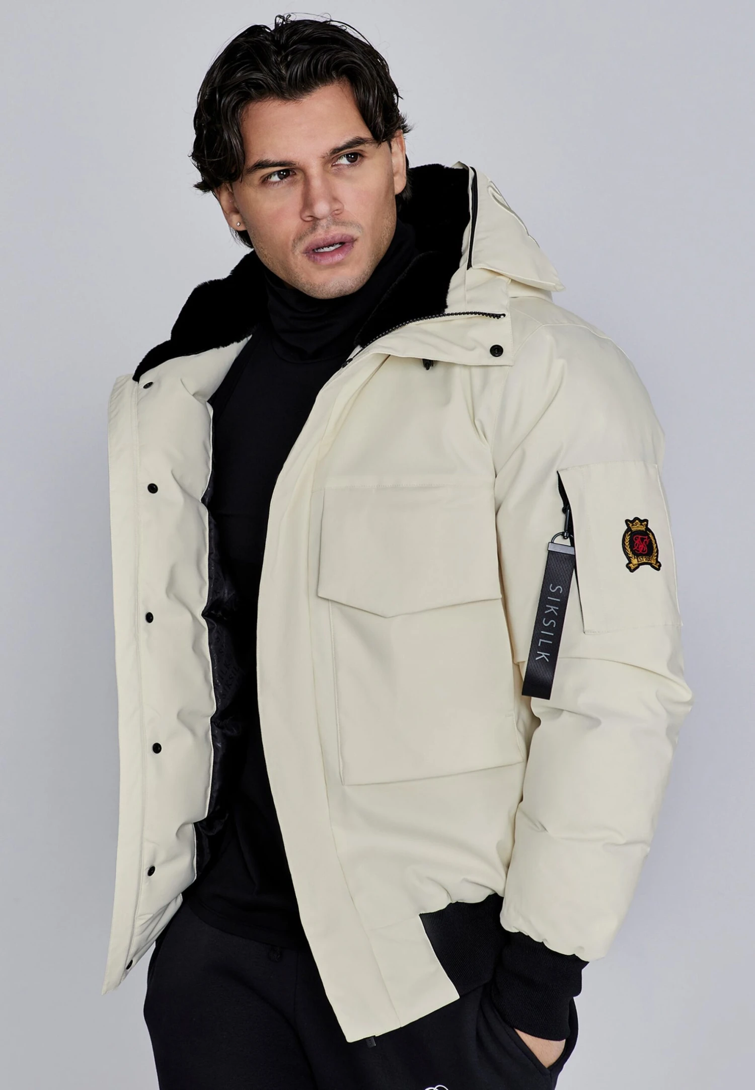 SikSilk Ecru Hooded Bomber Jacket